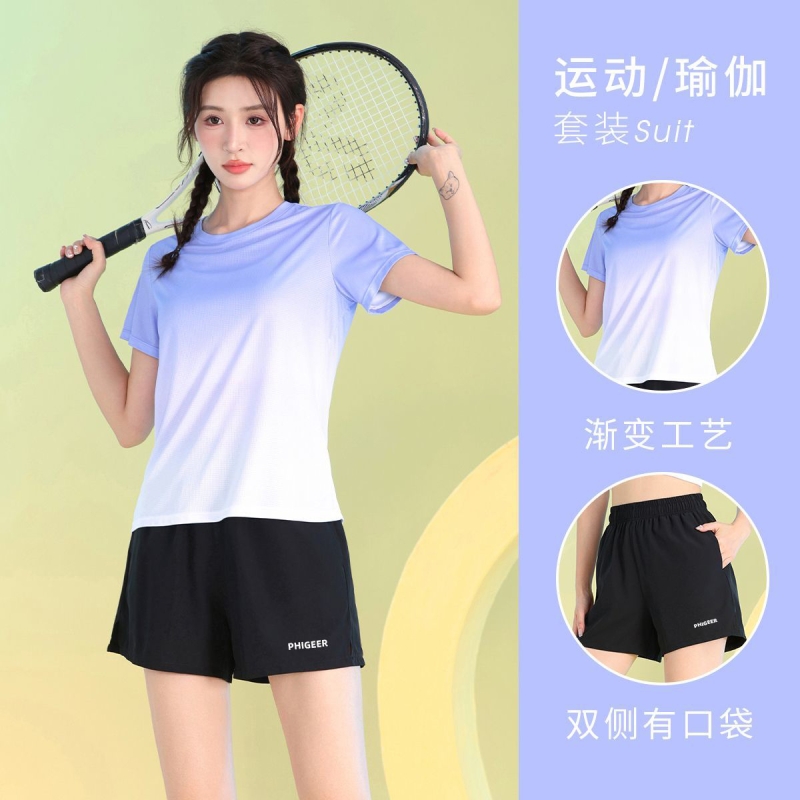 户外速干渐变色透气广场舞蹈瑜伽服休闲运动跑步健身跳健美操t恤