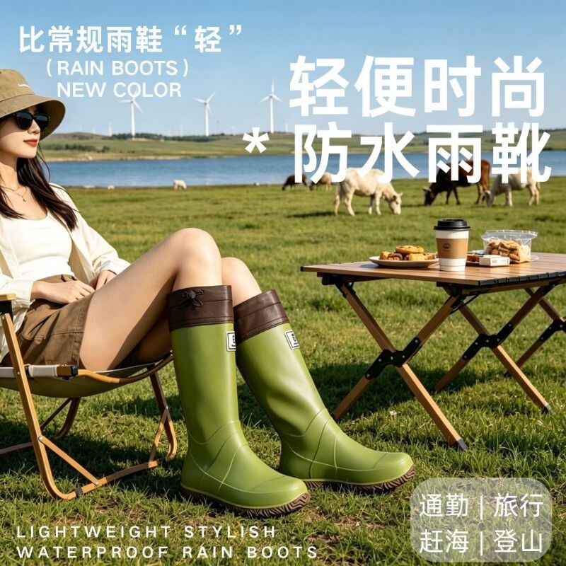 雨鞋女日系可折叠雨靴男女防水防滑长筒露营水鞋户外徒步胶鞋软底