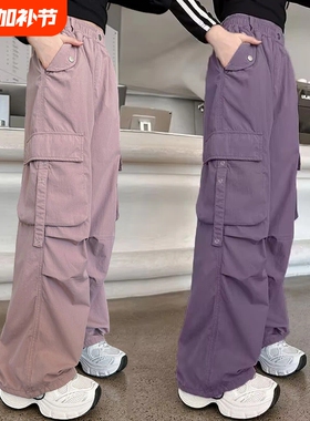女童裤子夏季儿童宽松工装裤新款中大童女孩洋气直筒休闲裤黑色