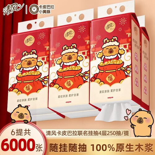 清风悬挂式抽纸4层250抽6提