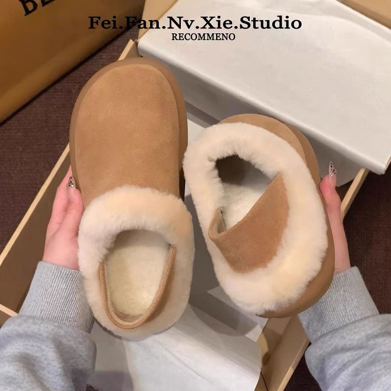 欧洲站2025冬季新款一脚蹬羊毛口两穿勃肯鞋女士棉鞋雪地靴女单鞋