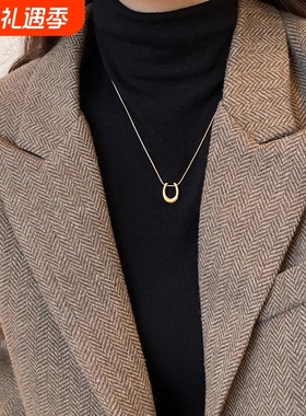 金色马蹄吊坠项链女款2025新款爆款轻奢高级感简约钛钢毛衣链配饰