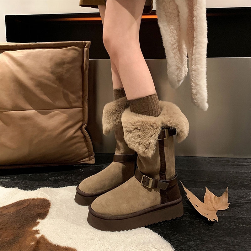 真皮厚底两穿雪地靴女冬季皮毛一体翻边毛毛长筒靴子加绒保暖棉鞋