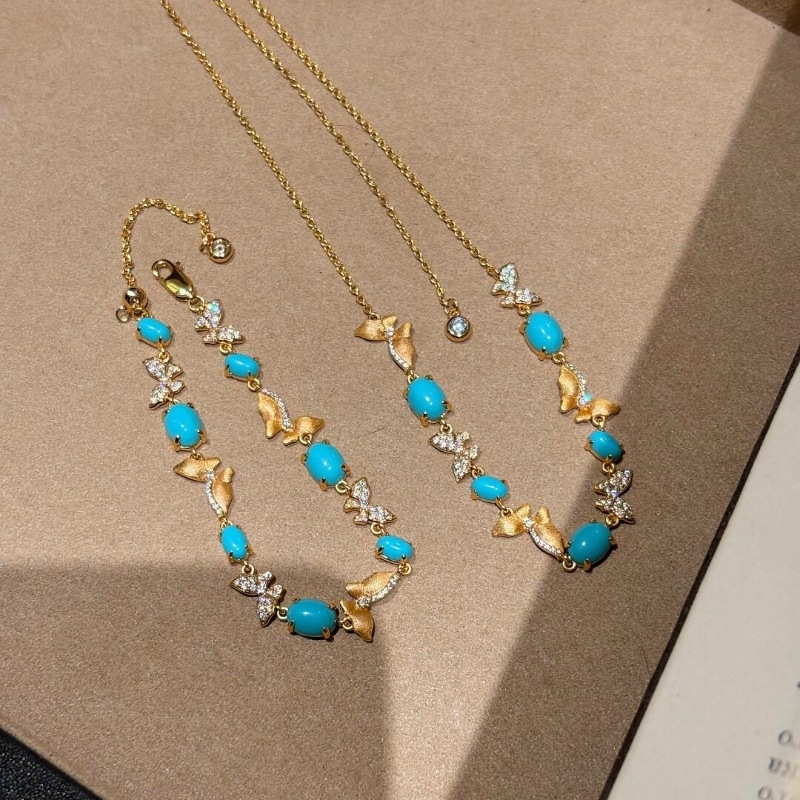 925Vintage中古拉丝蝴蝶椭圆绿松石戒指手链项链耳钉重工精致感