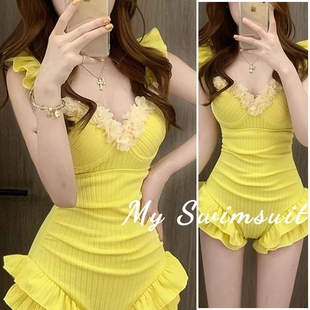 女款 纯欲风 连体泳衣温柔荷叶边甜美韩系小清新法式 纯色高颜值时尚