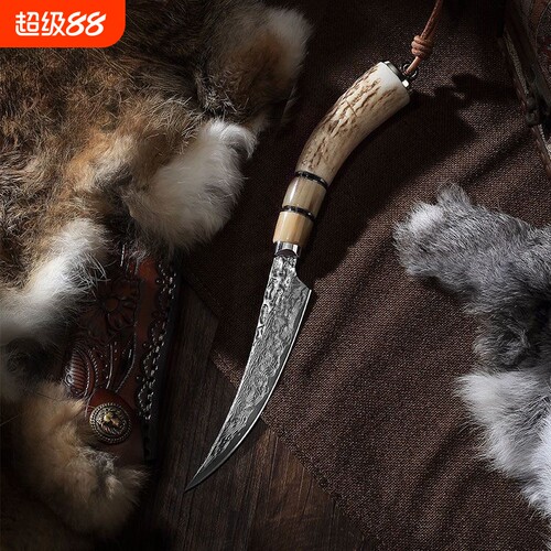 新款割肉弯刀大马士革钢纹切片水果刀户外剔骨锻打蒙古剔骨刀