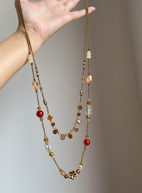 中古vintage双层陶瓷水滴葫芦花朵项链复古个性小众高级感锁骨链