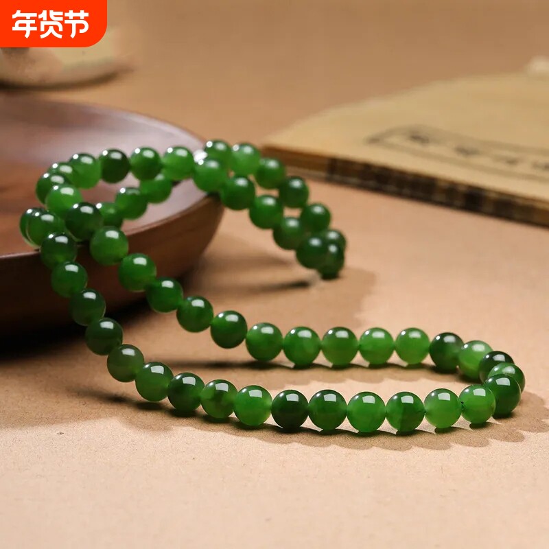 正品新疆和田碧玉项链女玉石圆珠锁骨链俄料老坑送妈妈女友礼颈链