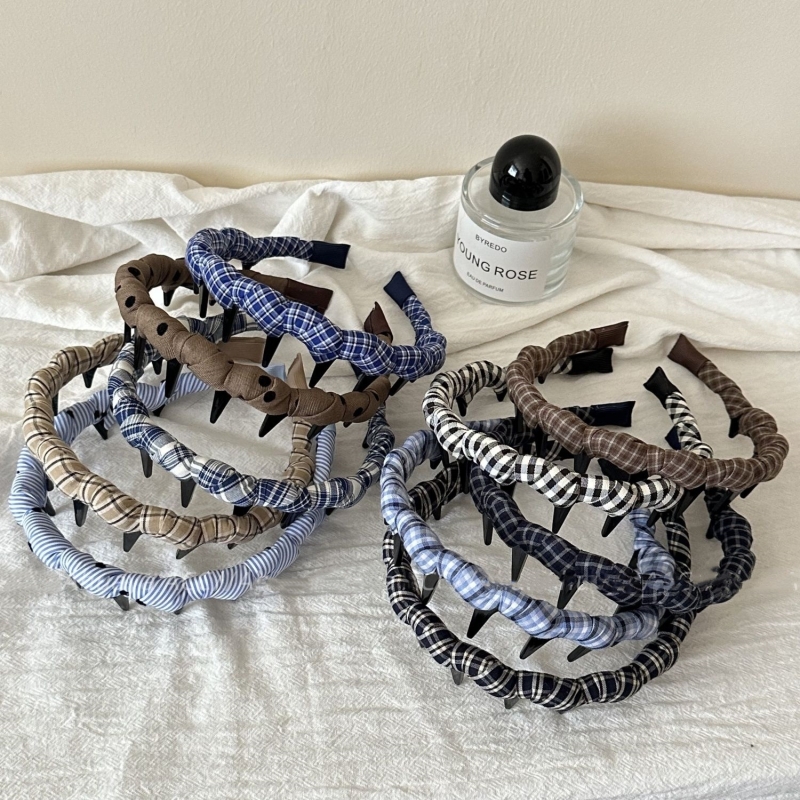 2025年新款韩系时尚百搭简约格纹布艺带齿细发箍个性压发箍头箍女