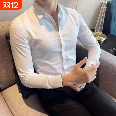 高级感灰色长袖西装衬衫男弹力内搭韩版修身商务加绒黑色打底衬衣