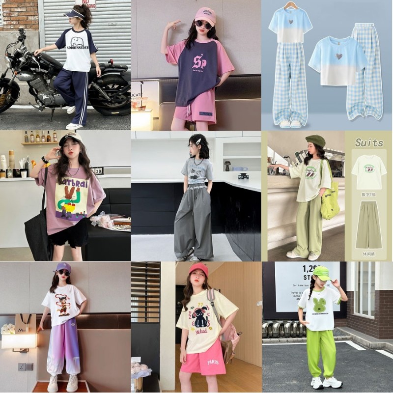 2025夏季儿童时尚潮范休闲短袖长裤套装女童短袖长裤阔腿裤两件套