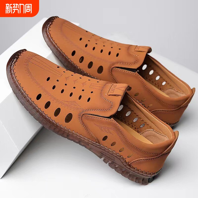 现货男鞋新款夏季镂空透气豆豆鞋牛筋底商务皮鞋休闲鞋凉鞋男