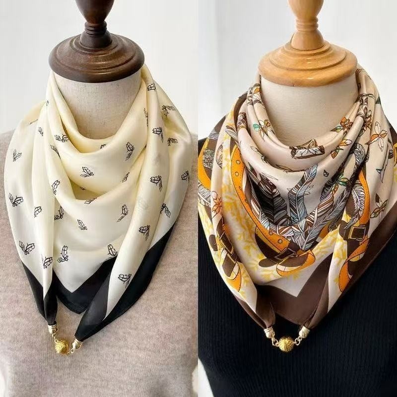 磁吸扣仿真丝方巾新款春秋冬三角围巾丝巾护颈时尚红围脖保暖丝滑