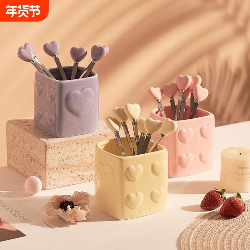 许多爱心水果叉轻奢高级感304不锈钢叉子收纳罐艺术水果签蛋糕叉,餐饮具,水果叉/水果签,淘宝优惠券,粉丝福利购,淘宝优惠卷