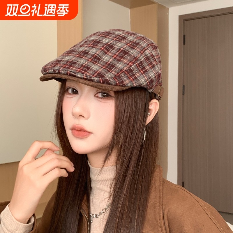 日系复古格纹前进帽子女秋冬季百搭显脸小贝雷帽画家帽鸭舌帽格子