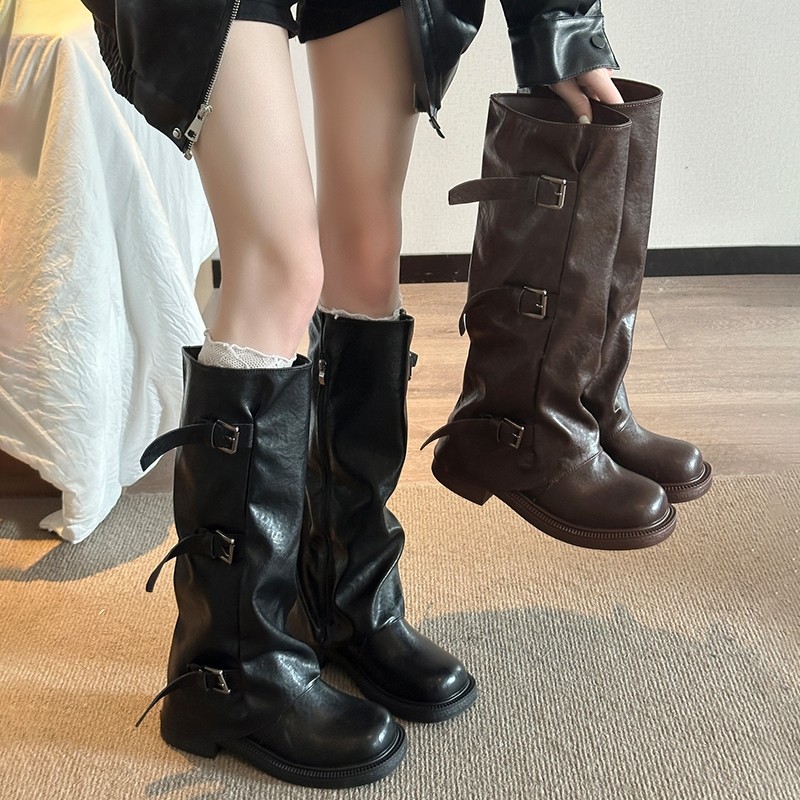 他她女孩长筒靴女2025秋冬新款显瘦美拉德靴裤黑色中筒自在粗跟