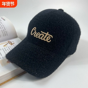 毛绒字母刺绣棒球帽子女鸭舌帽男士冬季保暖户外百搭情侣休闲帽子
