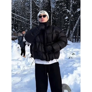 户外黑色短款 高级感防寒保暖外套潮流痞帅宽松面 立领羽绒服男冬季