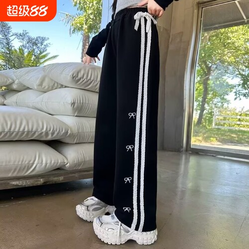 女童裤子秋冬2026新款儿童蝴蝶结直筒阔腿裤大童冬季加绒运动卫裤