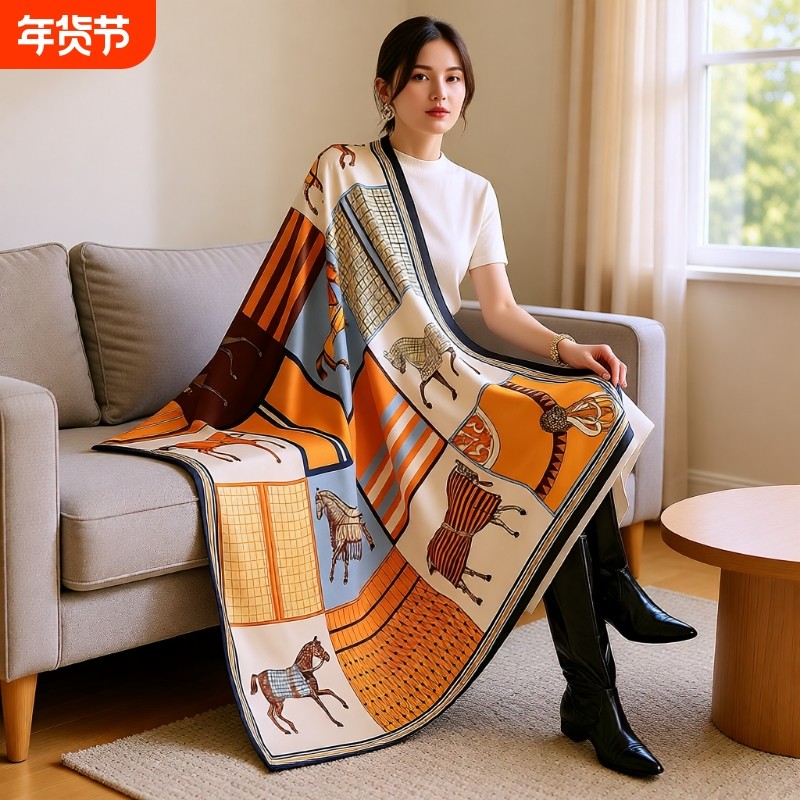 中国风桔110仿真丝丝巾大方巾外搭披肩沙滩巾女送妈妈水墨画印花