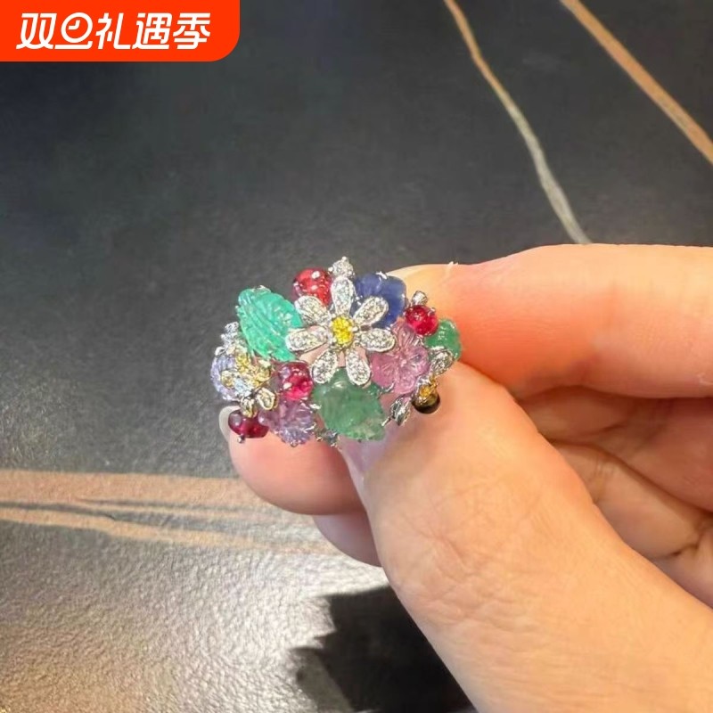 彩色花朵戒指女小众设计感高级轻奢食指戒复古宫廷风花朵指环配饰