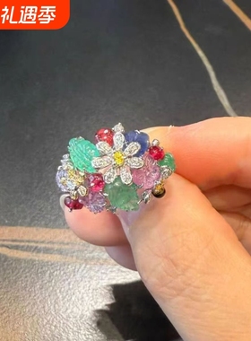 彩色花朵戒指女小众设计感高级轻奢食指戒复古宫廷风花朵指环配饰