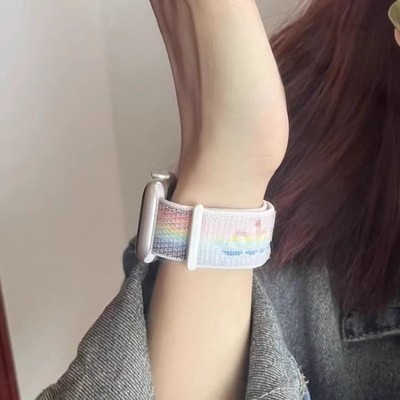 适用于苹果手表9applewatchUltra2/3表带iwatch10/8/7/6代s10彩虹版精织尼龙回环式运动腕带女款编织se紫色
