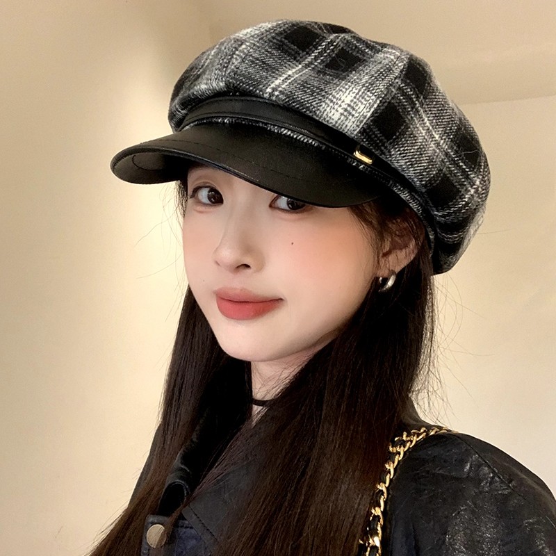 冬季显脸小贝雷帽2025新款复古格纹八角帽子女秋冬气质鸭舌帽格子