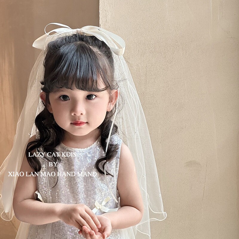 儿童白色头纱生日头饰韩新款女童凹造型拍照写真披纱婚礼花童配饰