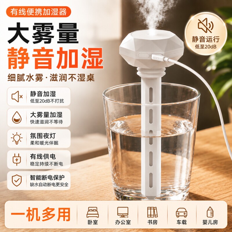 加湿器小型简易便携式家用静音卧室车载桶装矿泉水瓶加湿棒插电款