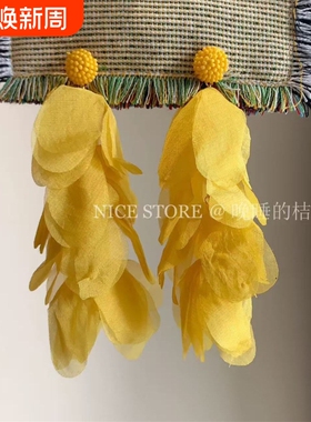 晚睡的桔梗黄色耳饰「碎金月」海边度假氛围耳环花瓣流苏夸张长款