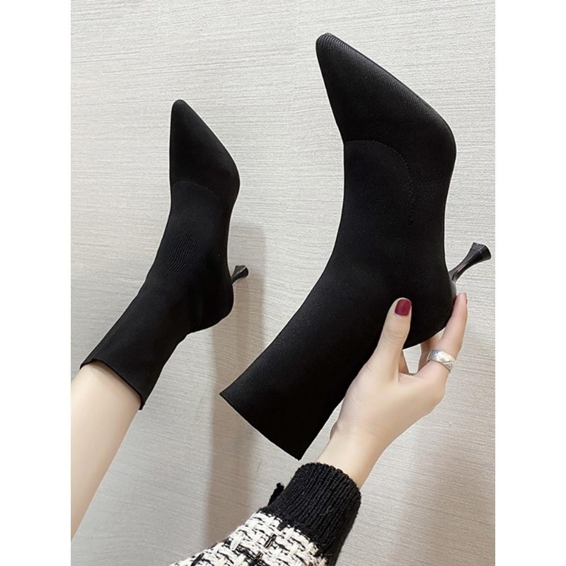 紅蜻蜓女鞋2025春秋单靴细跟高跟鞋针织黑色短靴尖头马丁靴女显瘦,女鞋,弹力靴/袜靴,淘宝优惠券,粉丝福利购,淘宝优惠卷