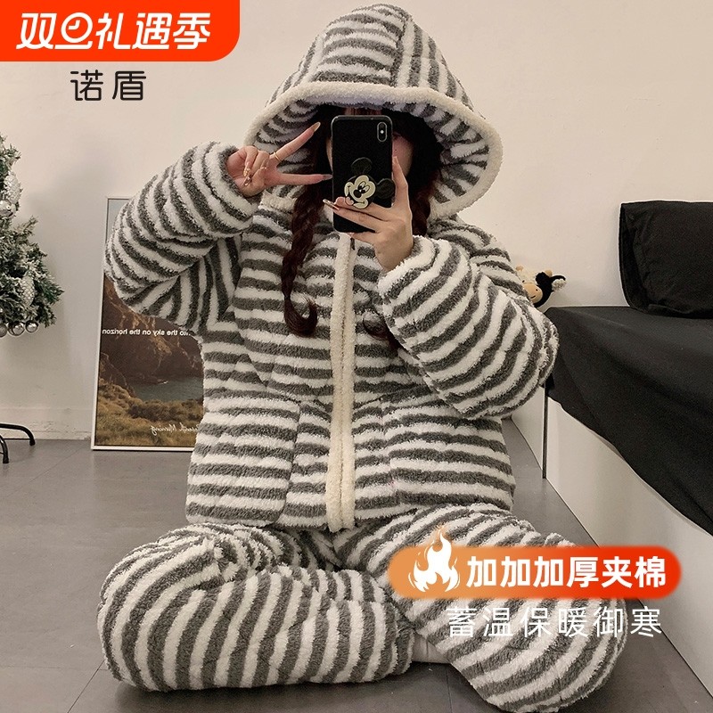条纹睡衣女秋冬季珊瑚绒加厚三层夹棉冬天2025新款连帽女士家居服
