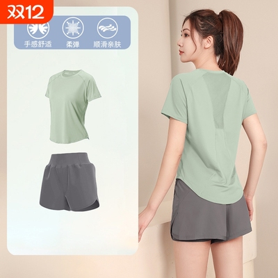 夏季薄款户外运动套装女健身宽松显瘦瑜伽服短袖弹力速干衣跑步服