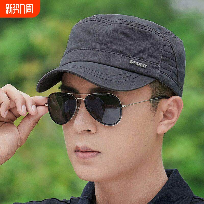 帽子男士平顶爸爸休闲防晒短檐布帽百搭太阳帽四季春秋鸭舌帽