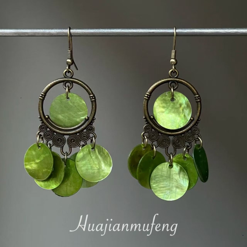 【碧海】复古风绿色圆片流苏耳环女2025新款民族风轻奢感气质耳饰