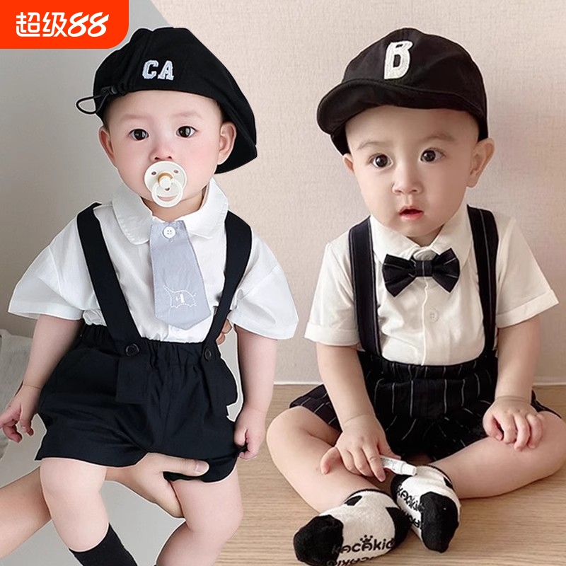 2025男宝宝一周岁礼服夏生日小西装婴儿抓周百天宴衣服背带裤套装