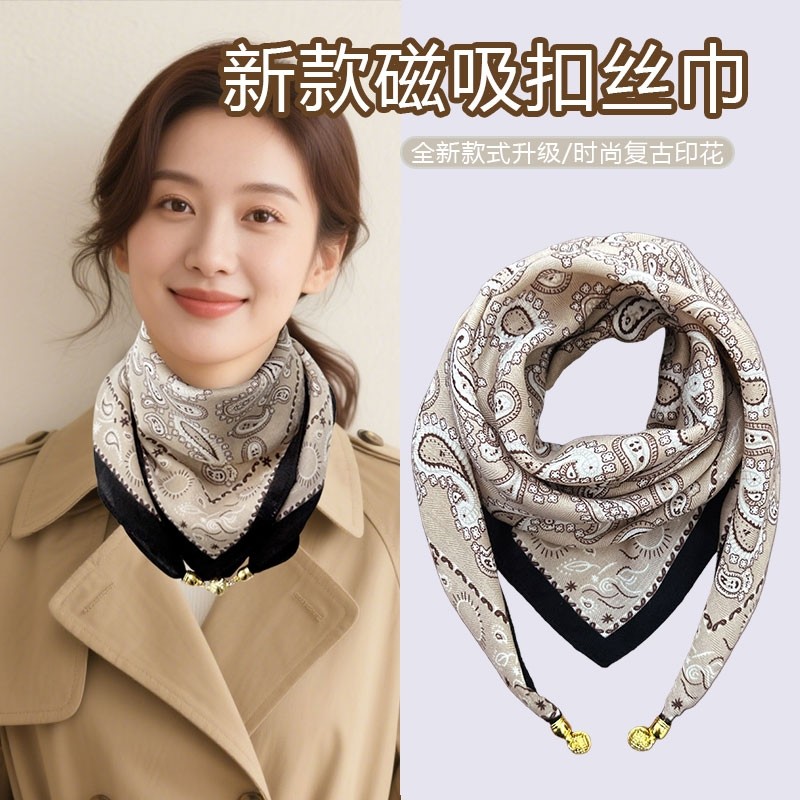 2025新款磁吸扣丝巾女保暖小方巾百搭三角春秋冬季护颈围脖珍珠