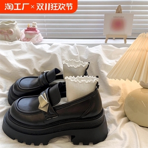 黑色厚底复古英伦风小皮鞋女2024秋季新款增高百搭一脚蹬乐福单鞋
