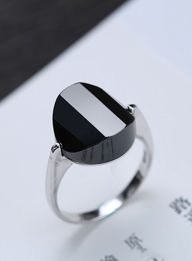 天然黑玛瑙银戒女款高档