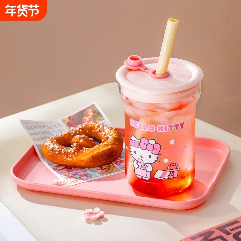 HelloKitty玻璃杯带吸管水杯可爱牛奶杯子女生喝水杯高硼硅