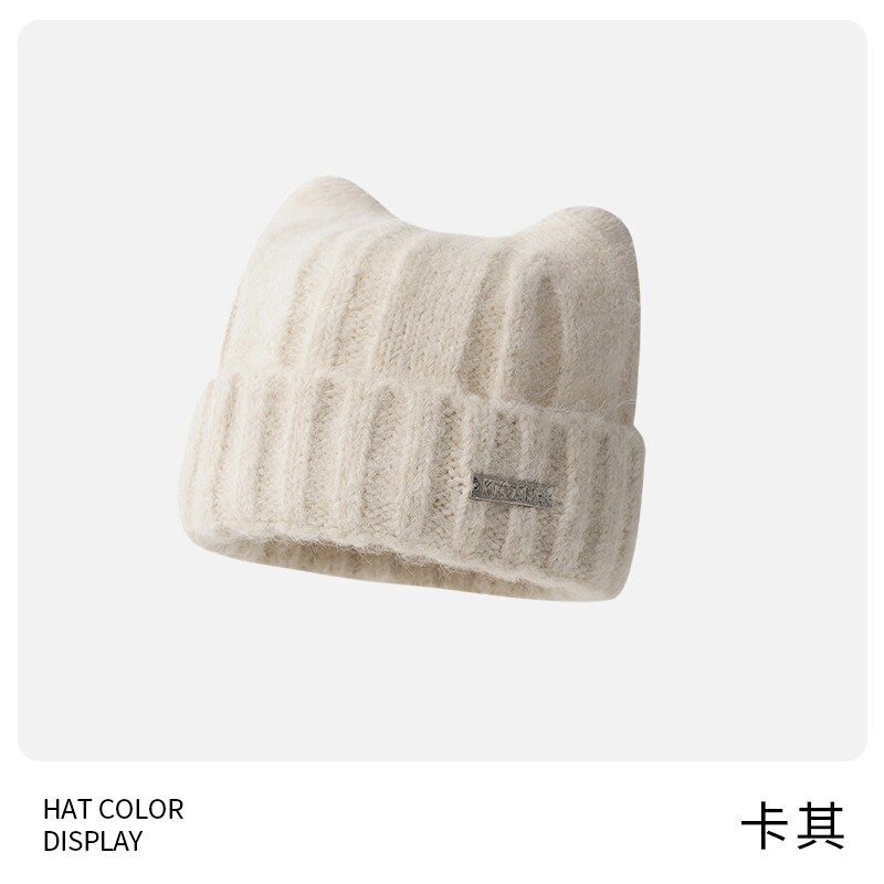 猫耳朵毛线帽大头围帽子女款可爱冷帽秋冬季加厚防寒保暖针织毛绒