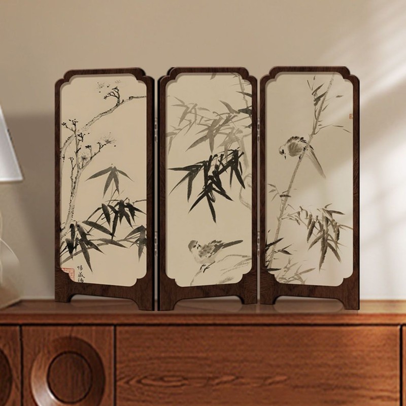 新中式墨竹小屏风桌面摆件中古风办公室茶桌玄关柜装饰品复古摆画