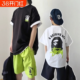短袖BAPE纯棉STU儿童潮牌t恤夏男女联名猿人头SHARKAPE洋气亲子装