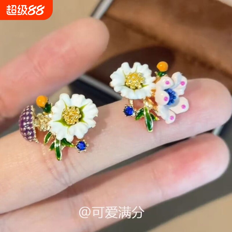 「春野拾趣」田园风多彩撞色花朵耳钉春夏氛围感精致甜美气质耳饰图片