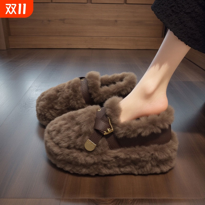 羊羔绒厚底毛毛鞋女2025年新款冬季皮带扣美拉德加绒保暖孕妇棉鞋