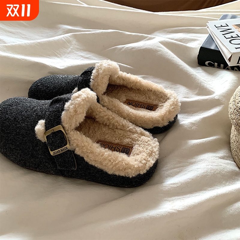 高级灰~加绒勃肯半拖鞋女外穿ins毛茸茸一脚蹬保暖棉拖鞋灰色毛绒
