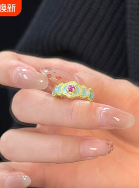 复古蓝花殿红钻珐琅戒指女款