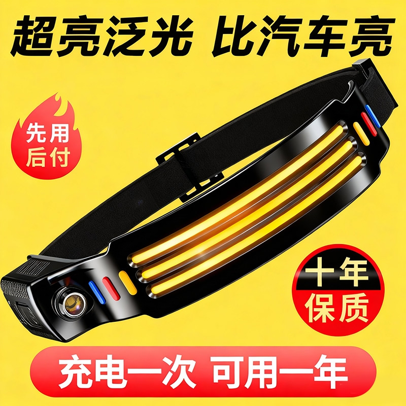 微笑鲨强光耐用头灯安全帽专用感应头戴式超亮户外COB工作头盔灯