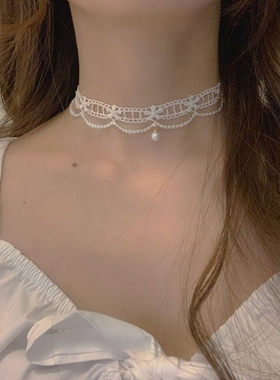 choker项链女白色蕾丝仿珍珠颈链少女气质项圈颈带超仙锁骨链脖饰